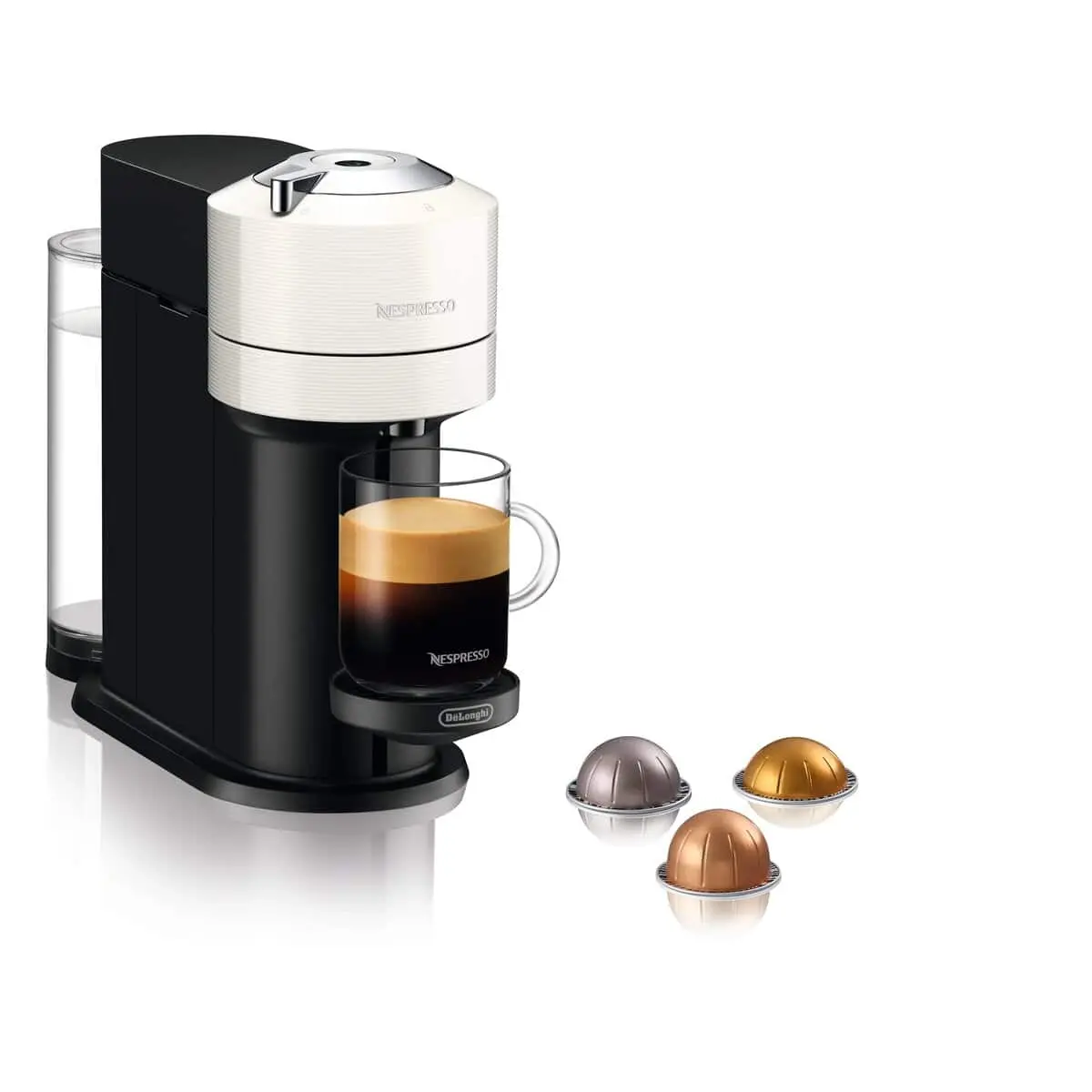 White Nespresso Vertuo Next coffee machine with a glass of coffee and three capsules