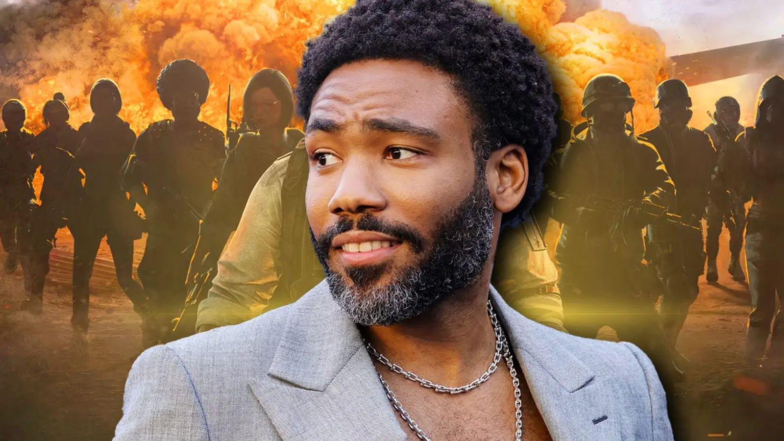 Donald Glover in front of a line of soldiers silhouetted against an explosion