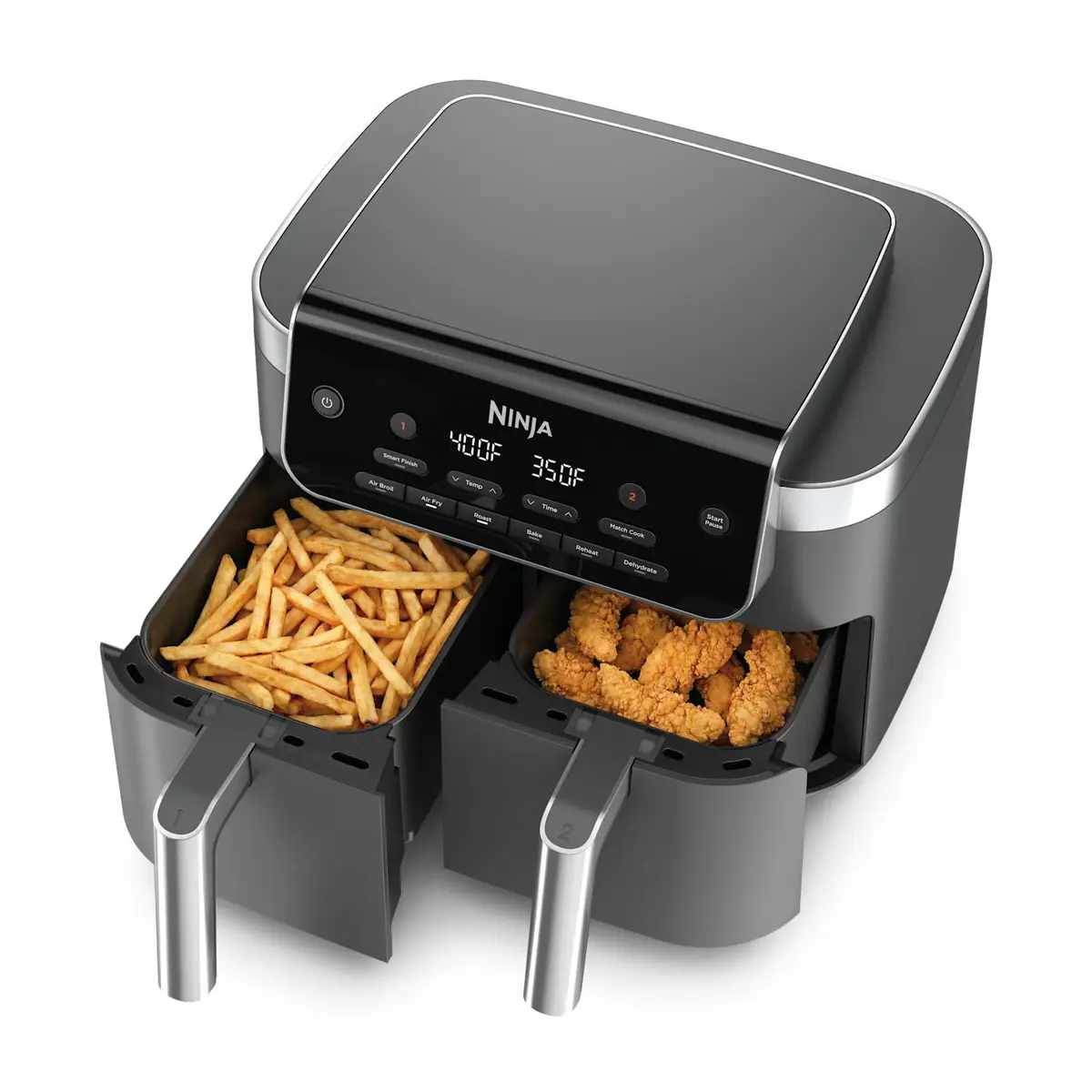 Ninja DualZone air fryer with both baskets open, fries in one and chicken tenders in the other