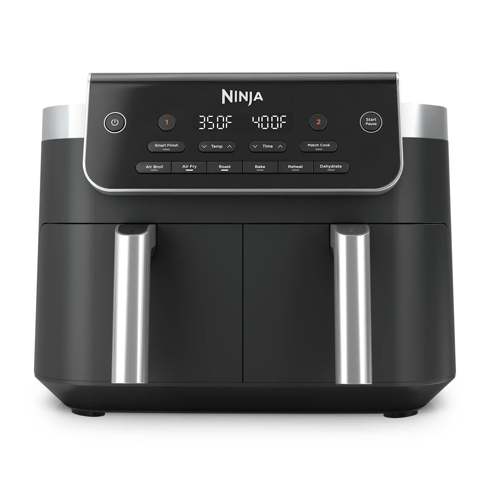 Ninja DualZone 8-QT dual basket air fryer, front view with two handles and a digital control panel