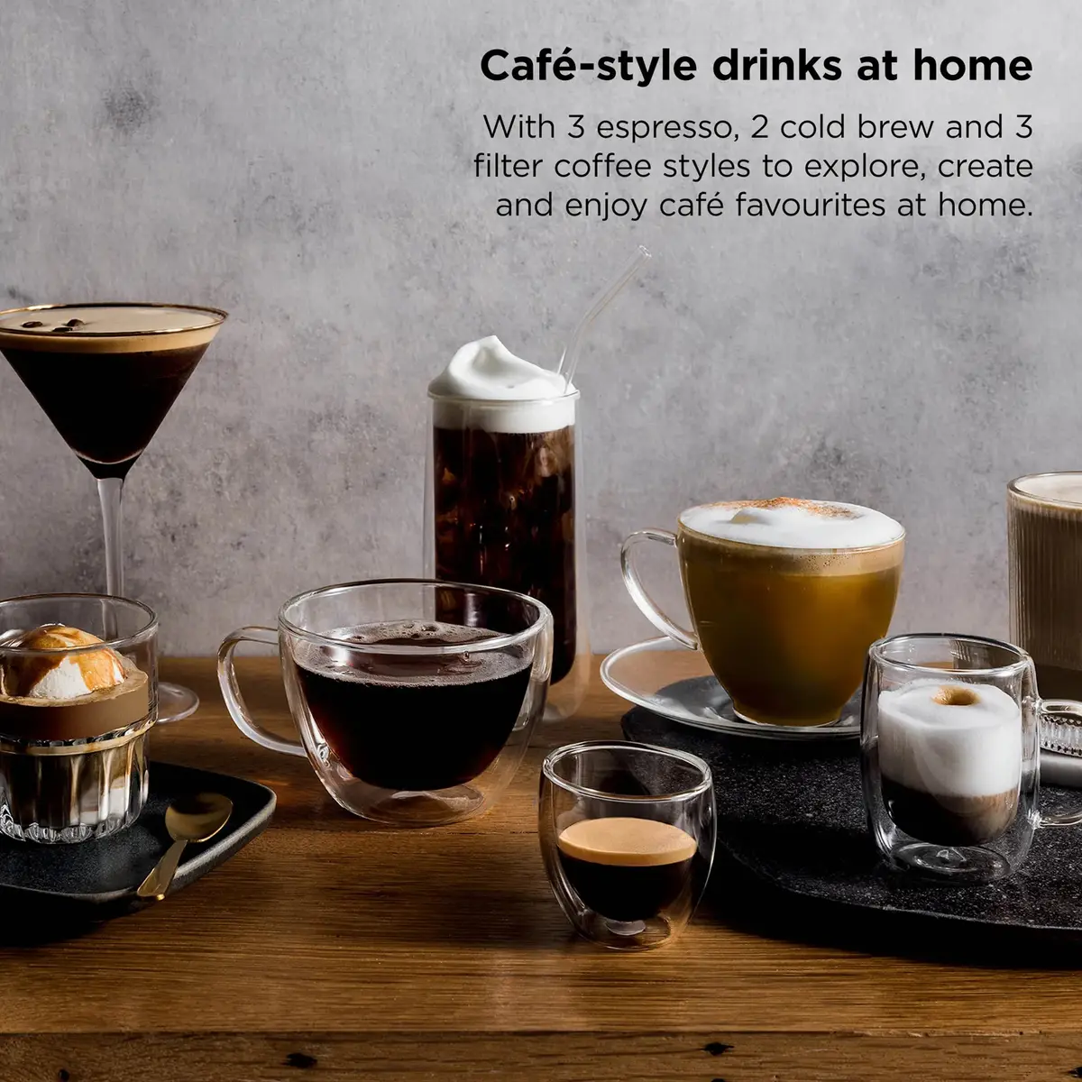 Espresso, cold brew, iced and filter coffee drinks on a wooden table