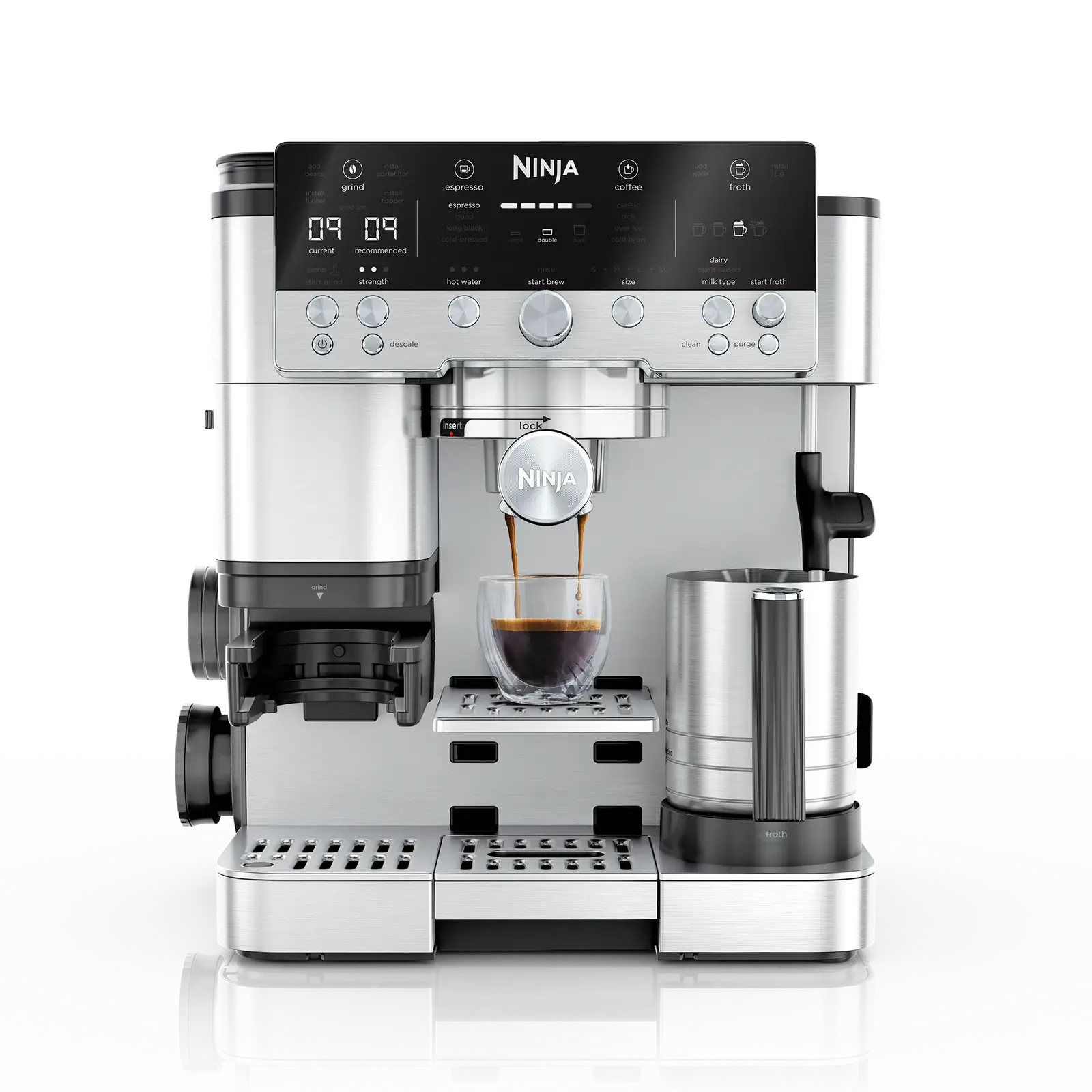 Ninja Luxe Café Premier Series ES601C espresso machine with a glass of espresso and a milk jug