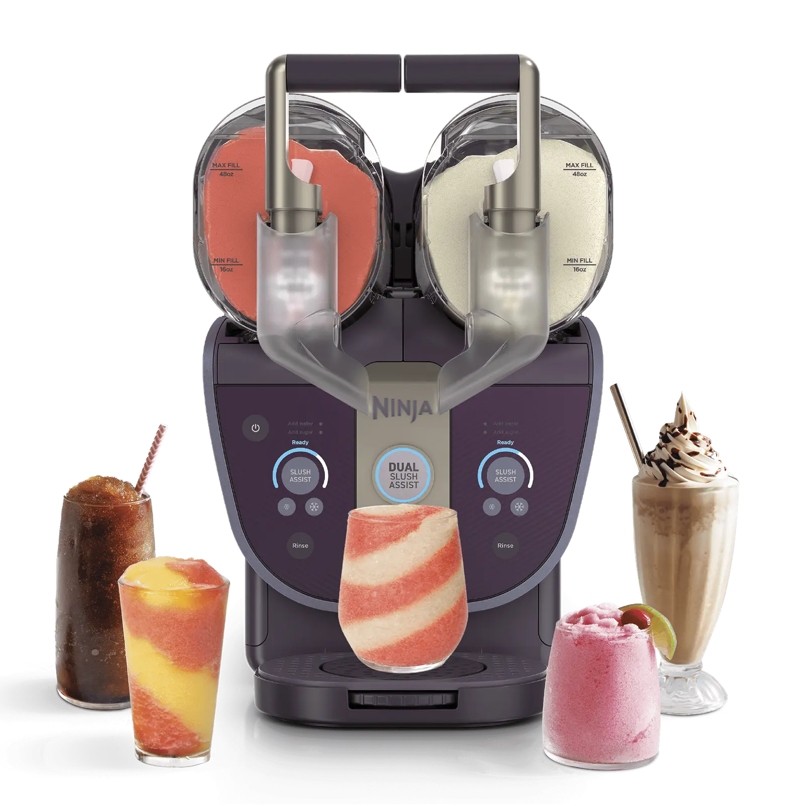Ninja SLUSHi Twist slushie machine with two vessels and swirled frozen drinks
