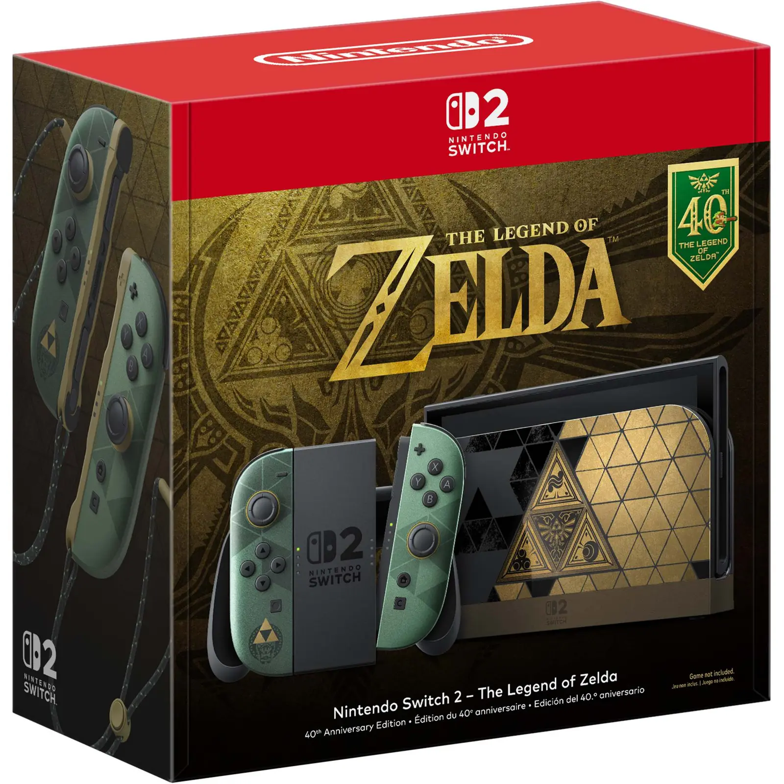 Retail box of the Nintendo Switch 2 The Legend of Zelda 40th Anniversary Edition with green and gold Joy-Con 2 controllers