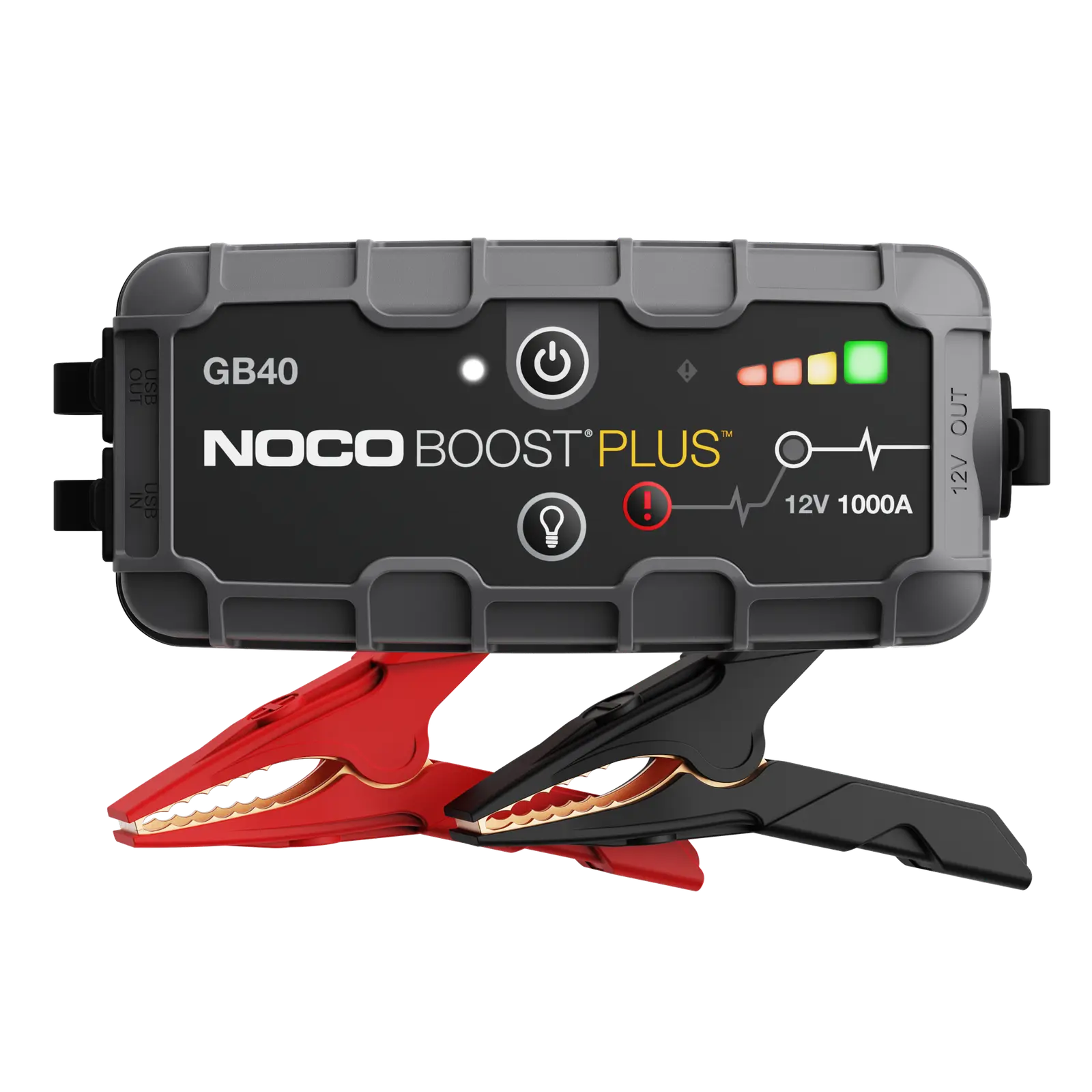 NOCO Boost Plus GB40 jump starter with red and black clamps