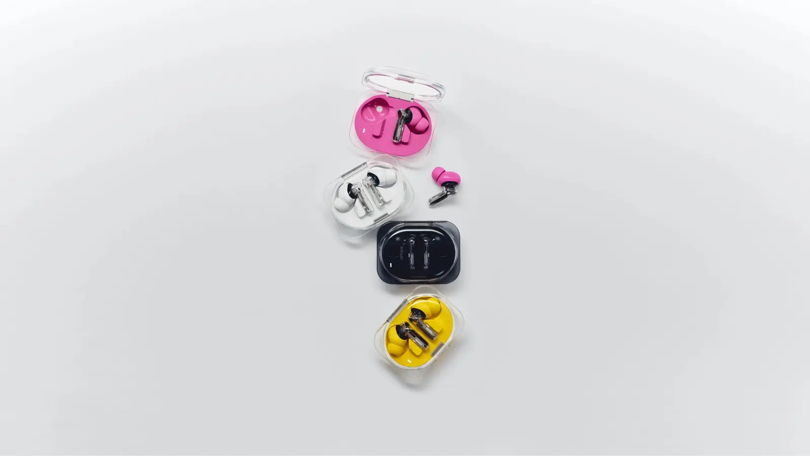 Nothing Ear (3a) earbuds and cases in four colours