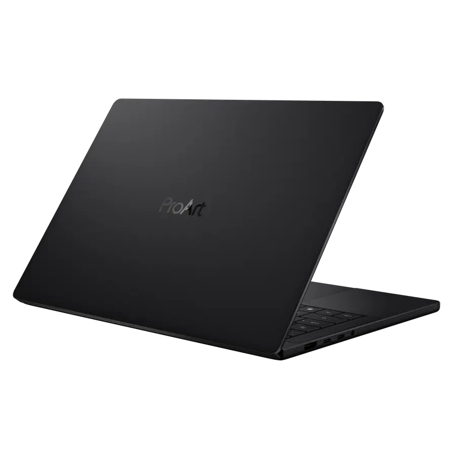 Black ASUS ProArt P14 laptop opened on a plain background