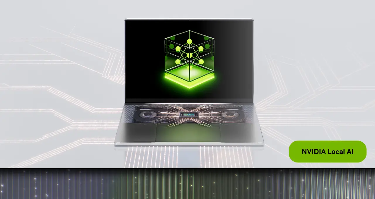 Illustration of a thin laptop showing a glowing green cube above NVIDIA Local AI