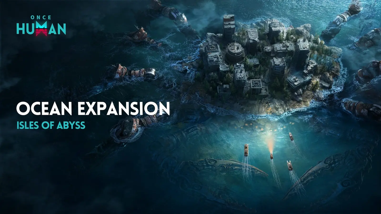 Isles of Abyss key art showing a ruined island city surrounded by a dark ocean and small boats