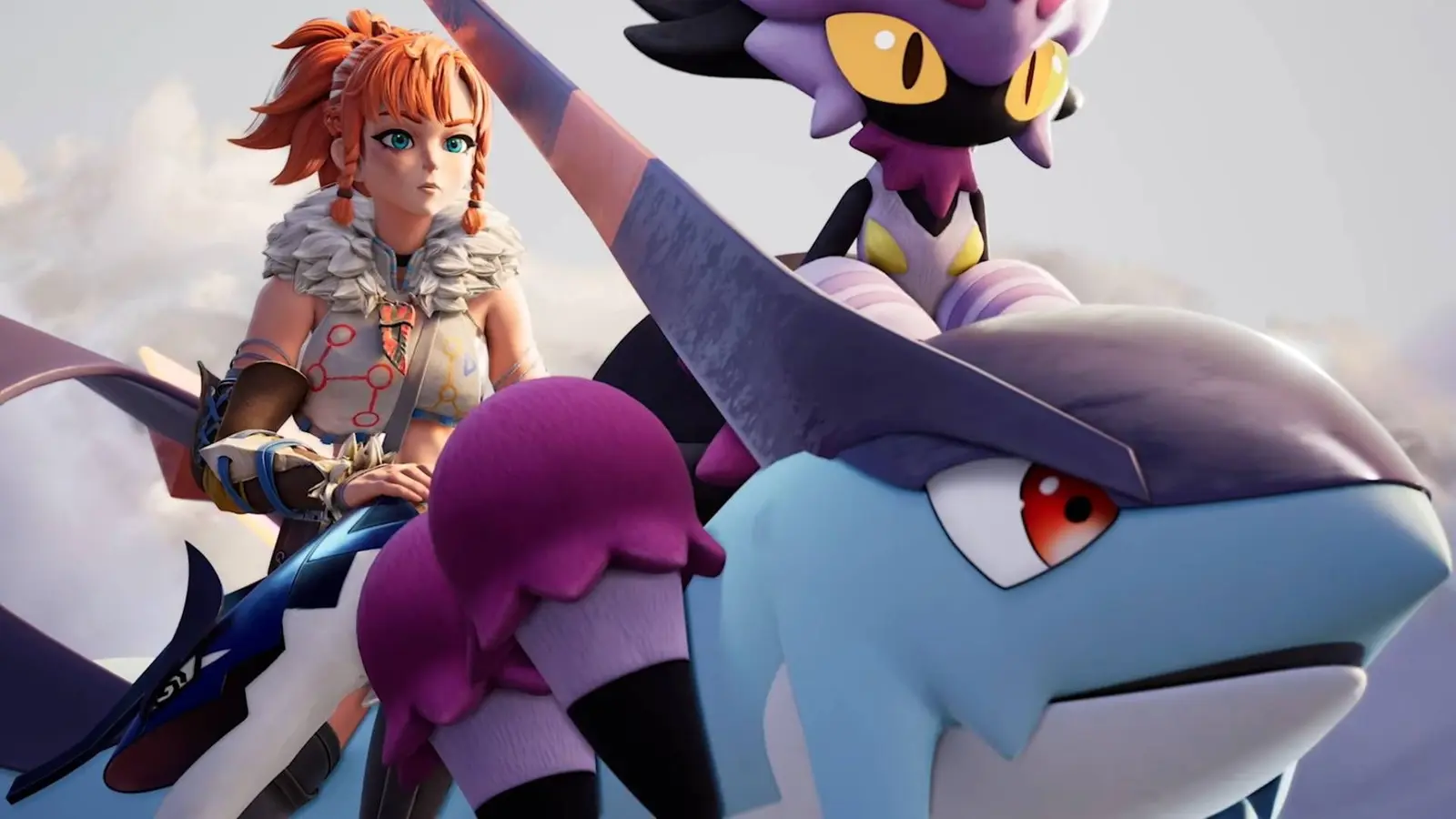 Promotional artwork from Palworld showing a character riding a Pal