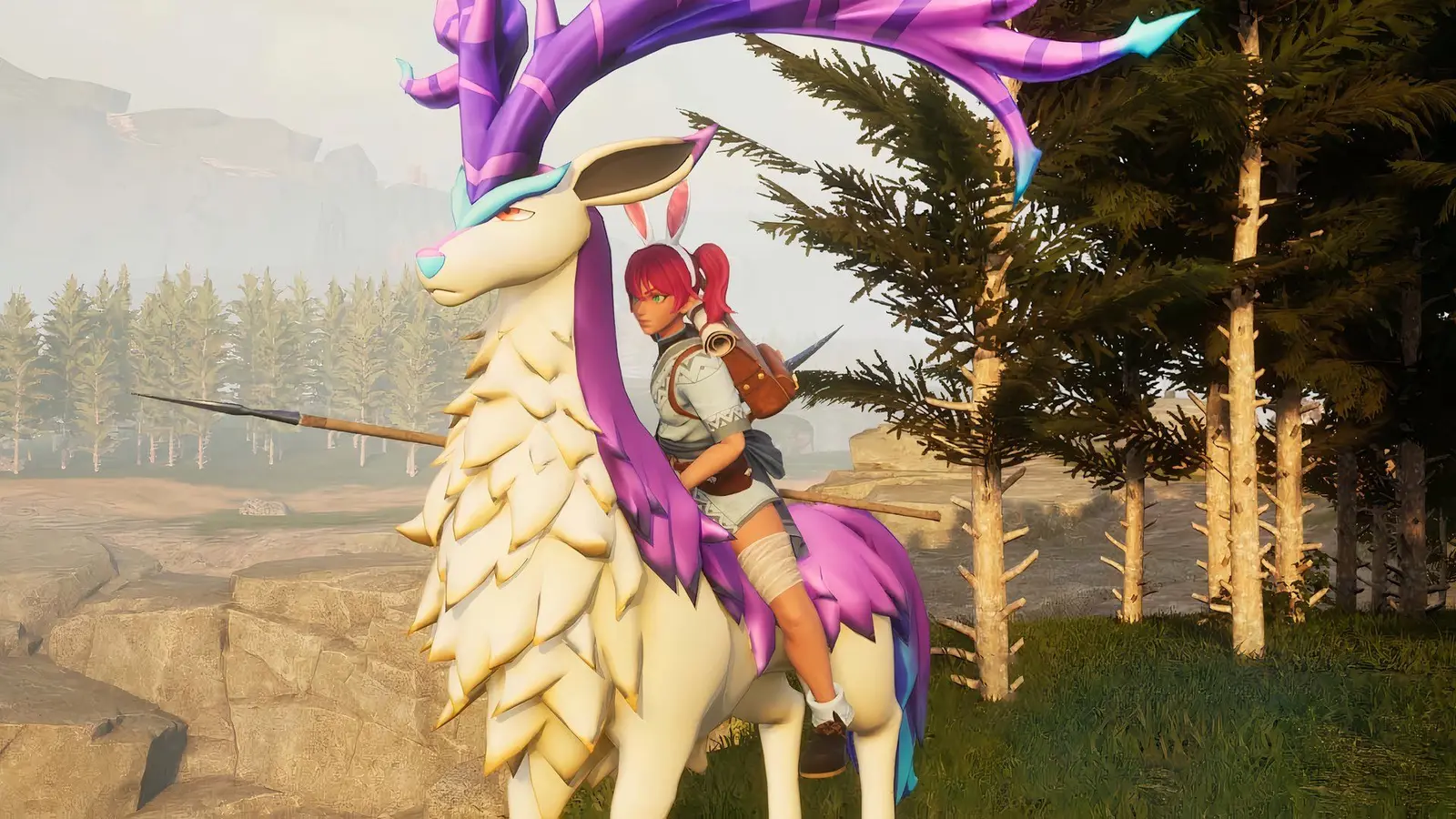 A rider on a large antlered Pal in a forest from Palworld
