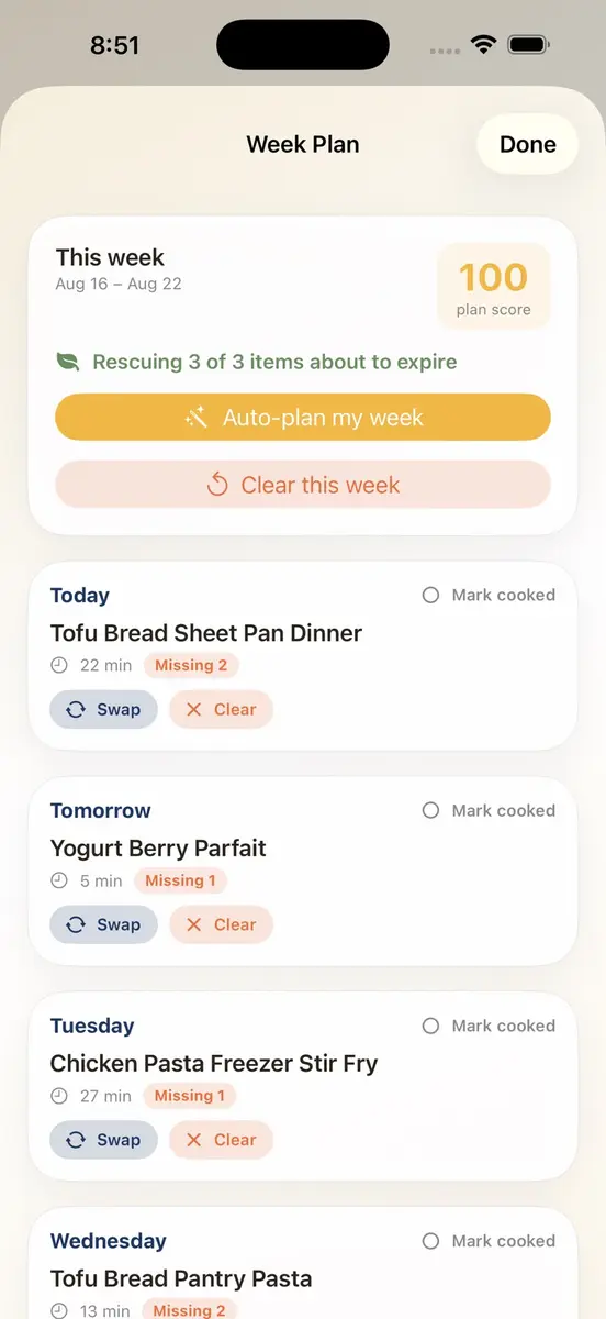 Écran Week Plan de Pantry Snap Pro avec un souper prévu pour chaque jour