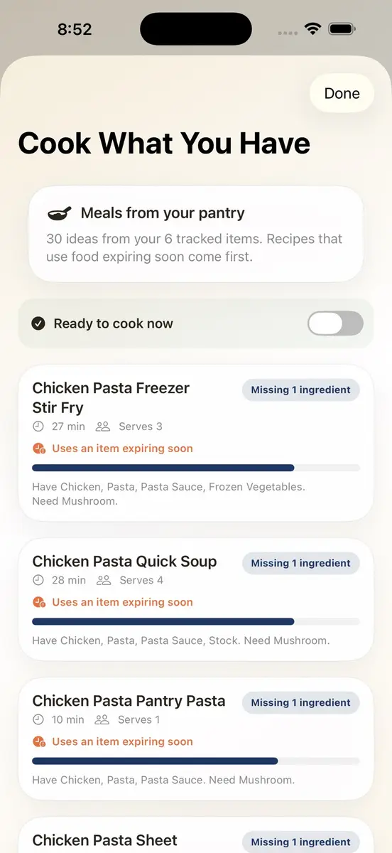 Suggestions de recettes dans Pantry Snap Pro selon les aliments qui expirent bientôt