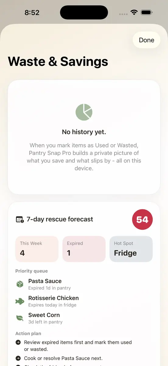 Prévision de Pantry Snap Pro listant les aliments à utiliser cette semaine
