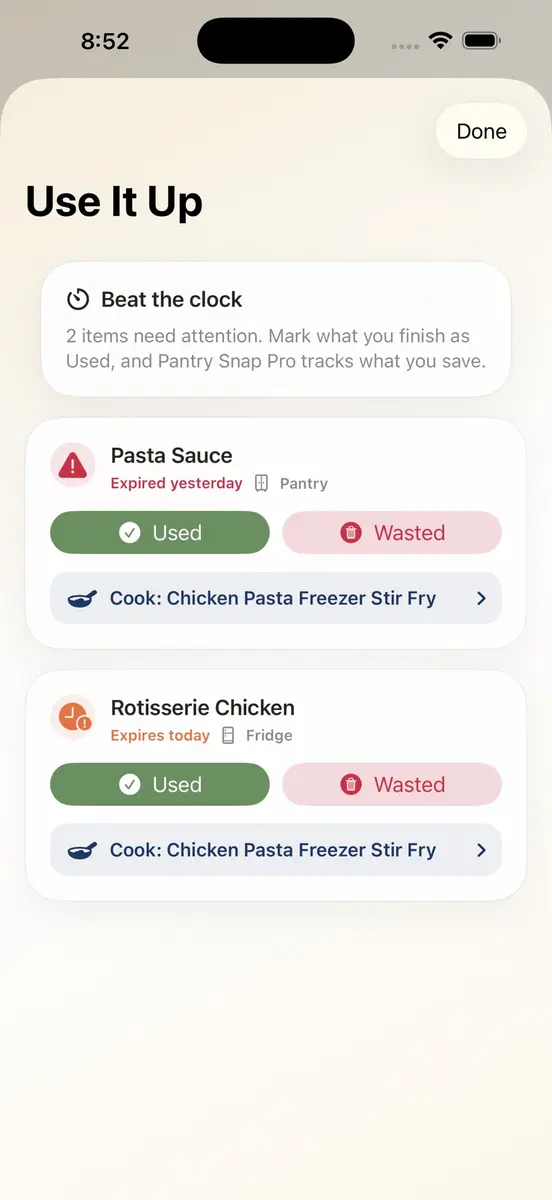Écran Use It Up de Pantry Snap Pro pour noter un aliment utilisé ou jeté