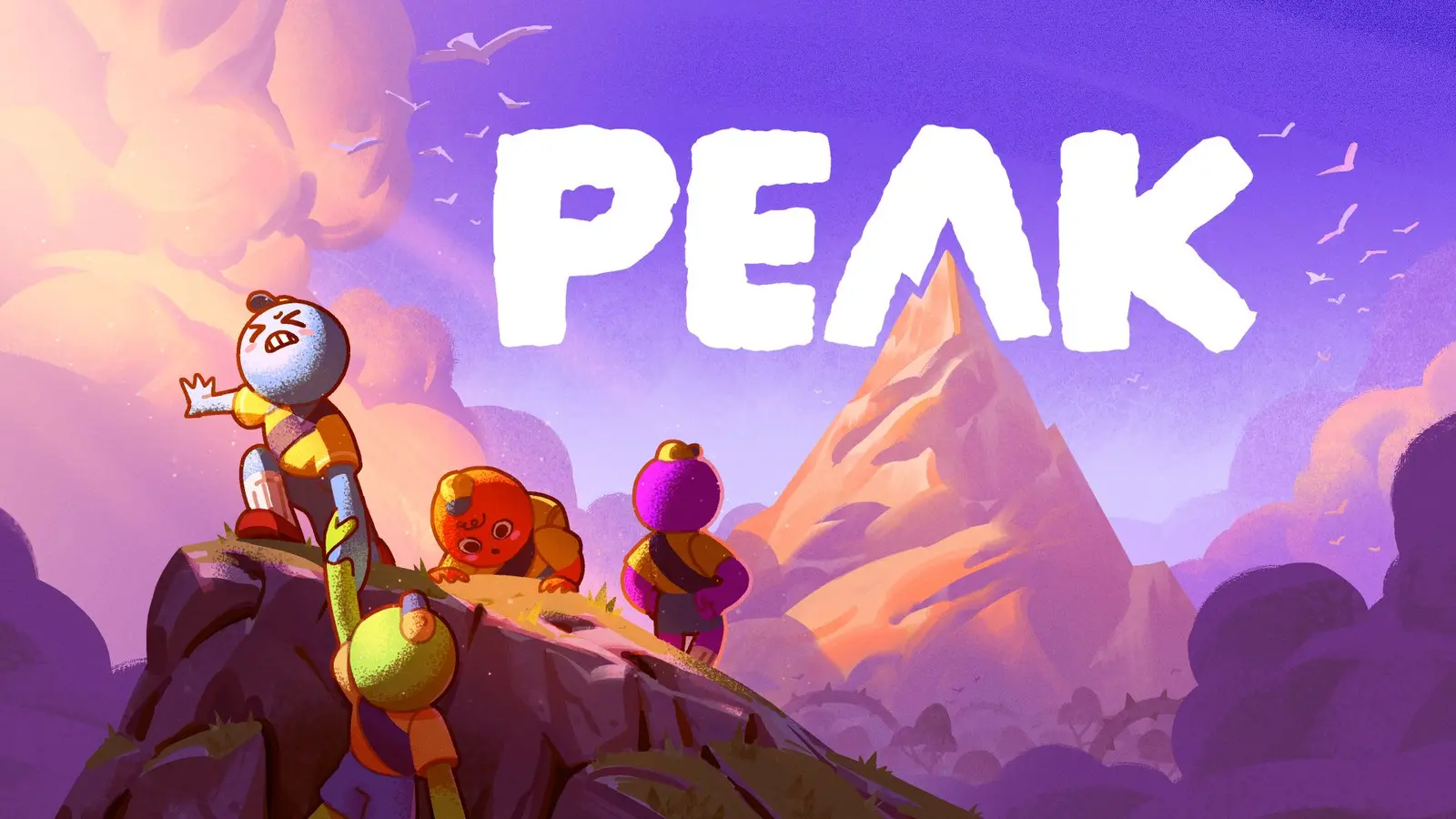 Cartoon scouts standing on a rocky ledge looking up at a distant mountain under the PEAK logo