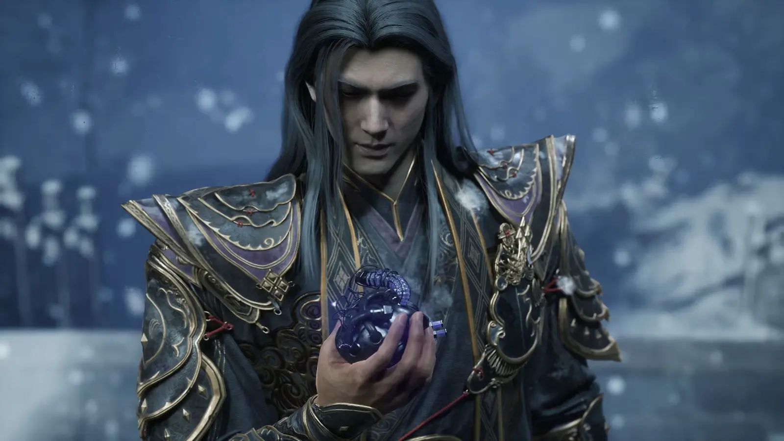 Phantom Blade Zero character holding a glowing blue object in the snow