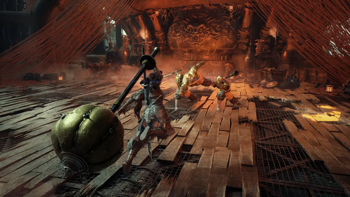 Hero fighting enemies with a large hammer in a wooden arena