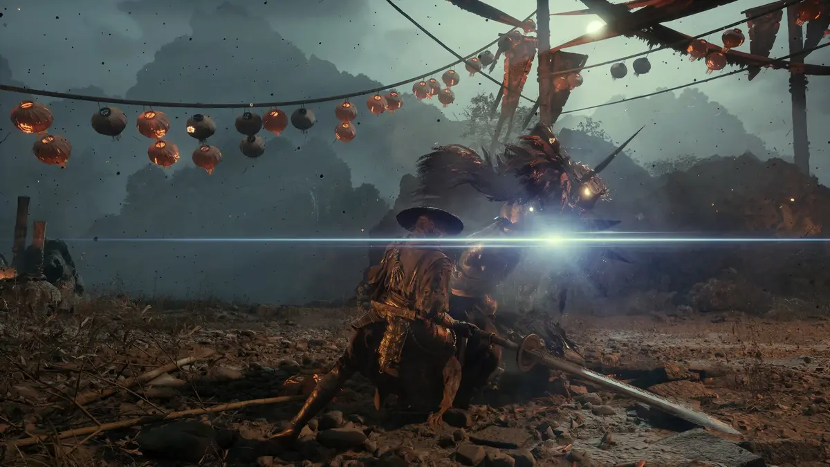 Swordsman facing a masked boss under red lanterns