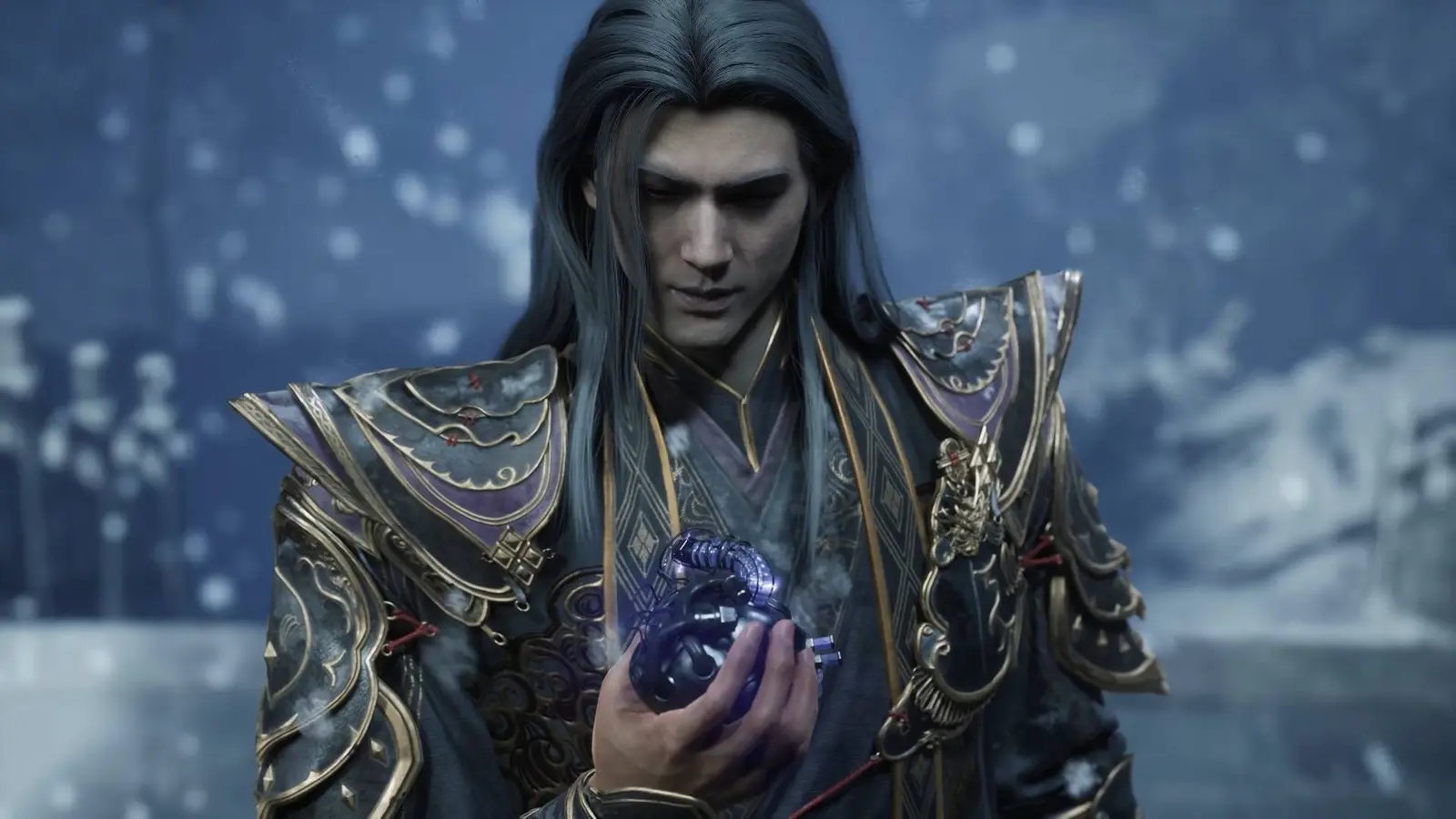『Phantom Blade Zero』で雪の中、青く光る小瓶を手にする装飾鎧の人物