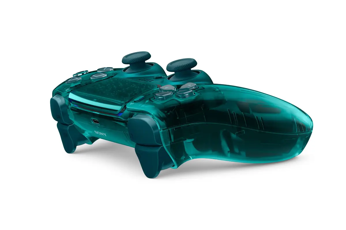 Emerald Green Prism DualSense controller seen from the front at an angle