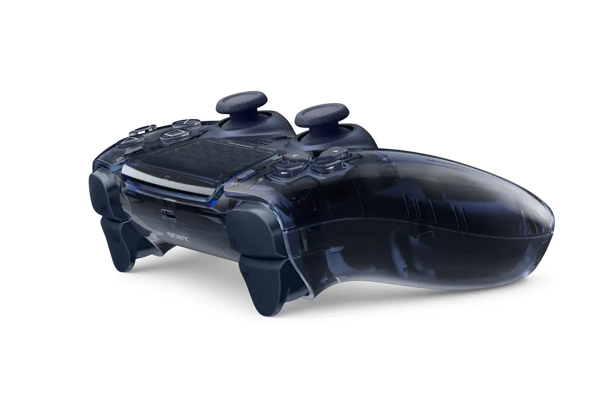 Graphite Gray Prism DualSense controller seen from the side at an angle