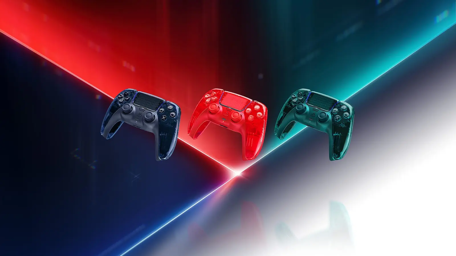 Three transparent DualSense controllers in orange, green and graphite gray against a glowing red and blue background
