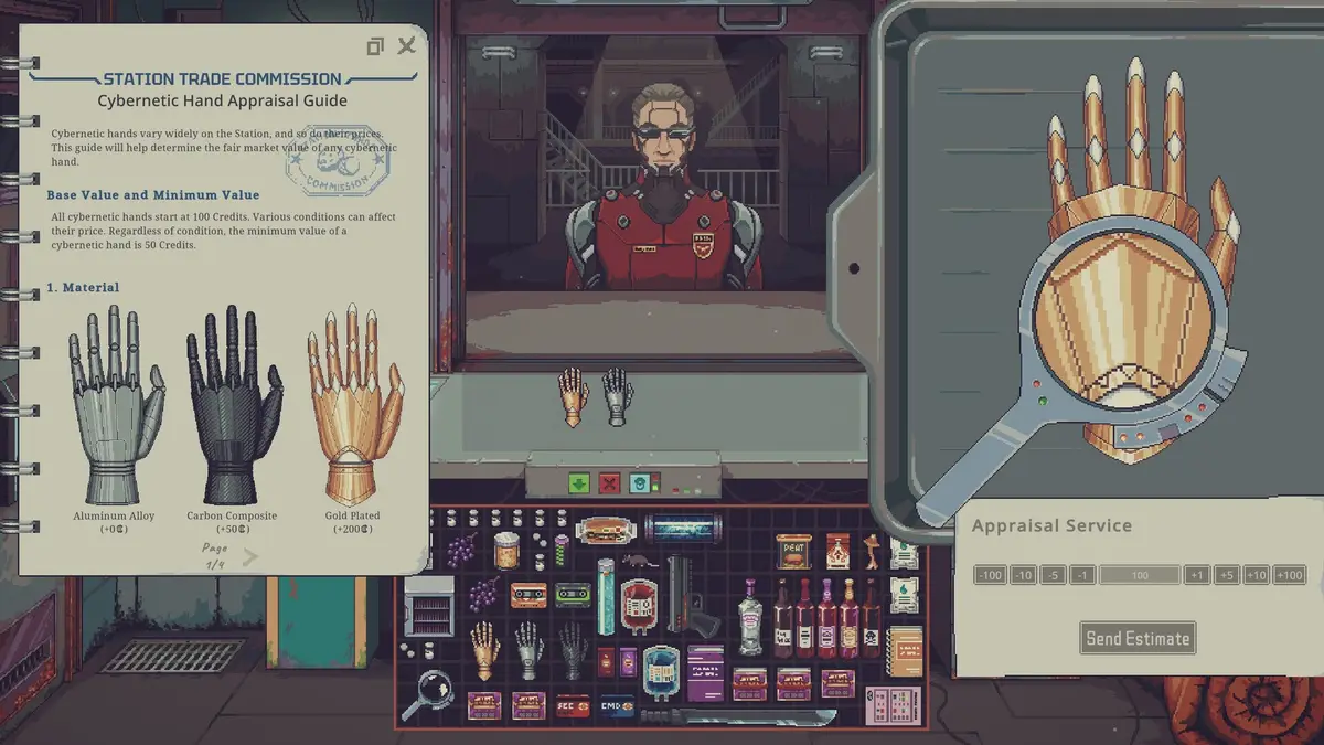 A guide page on cybernetic hand values next to a magnifier view of a golden hand being appraised