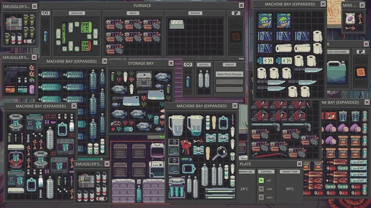 Several crafting windows open at once, showing furnaces, machine bays and storage grids full of items