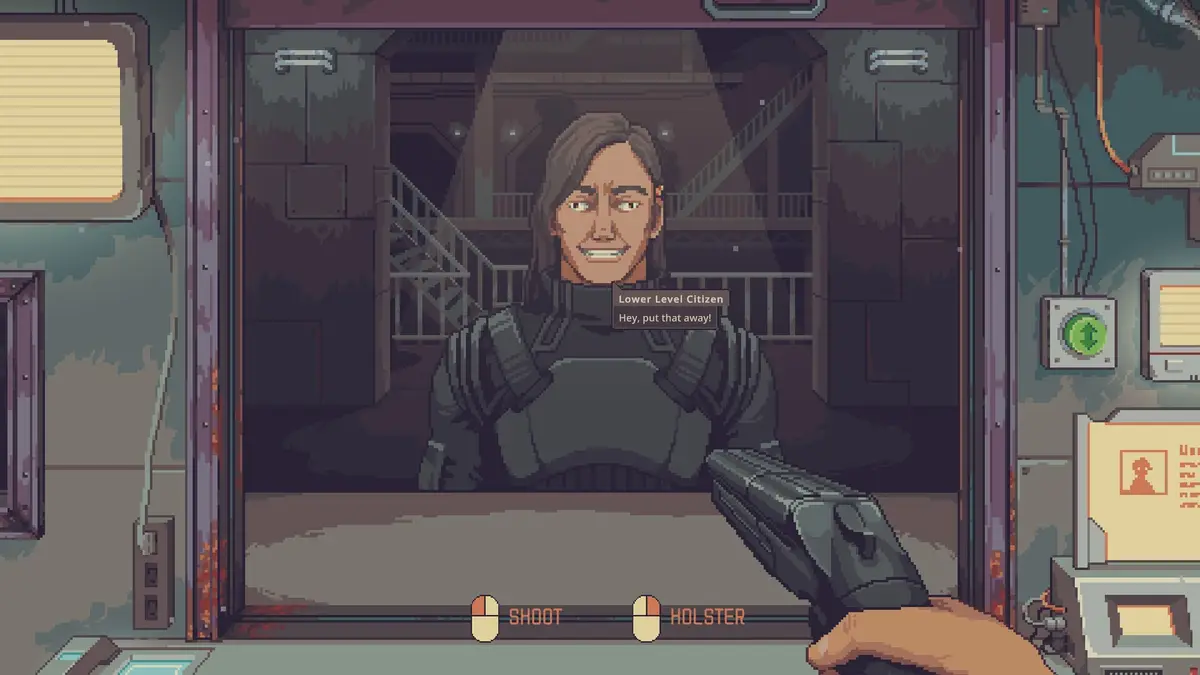 A smiling customer in dark armour behind the shop window while the player aims a pistol