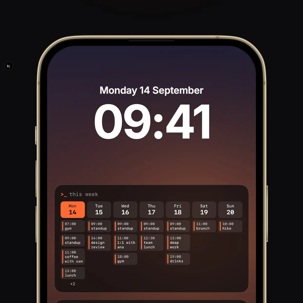 iPhone lock screen showing a weekly calendar drawn by ProUser