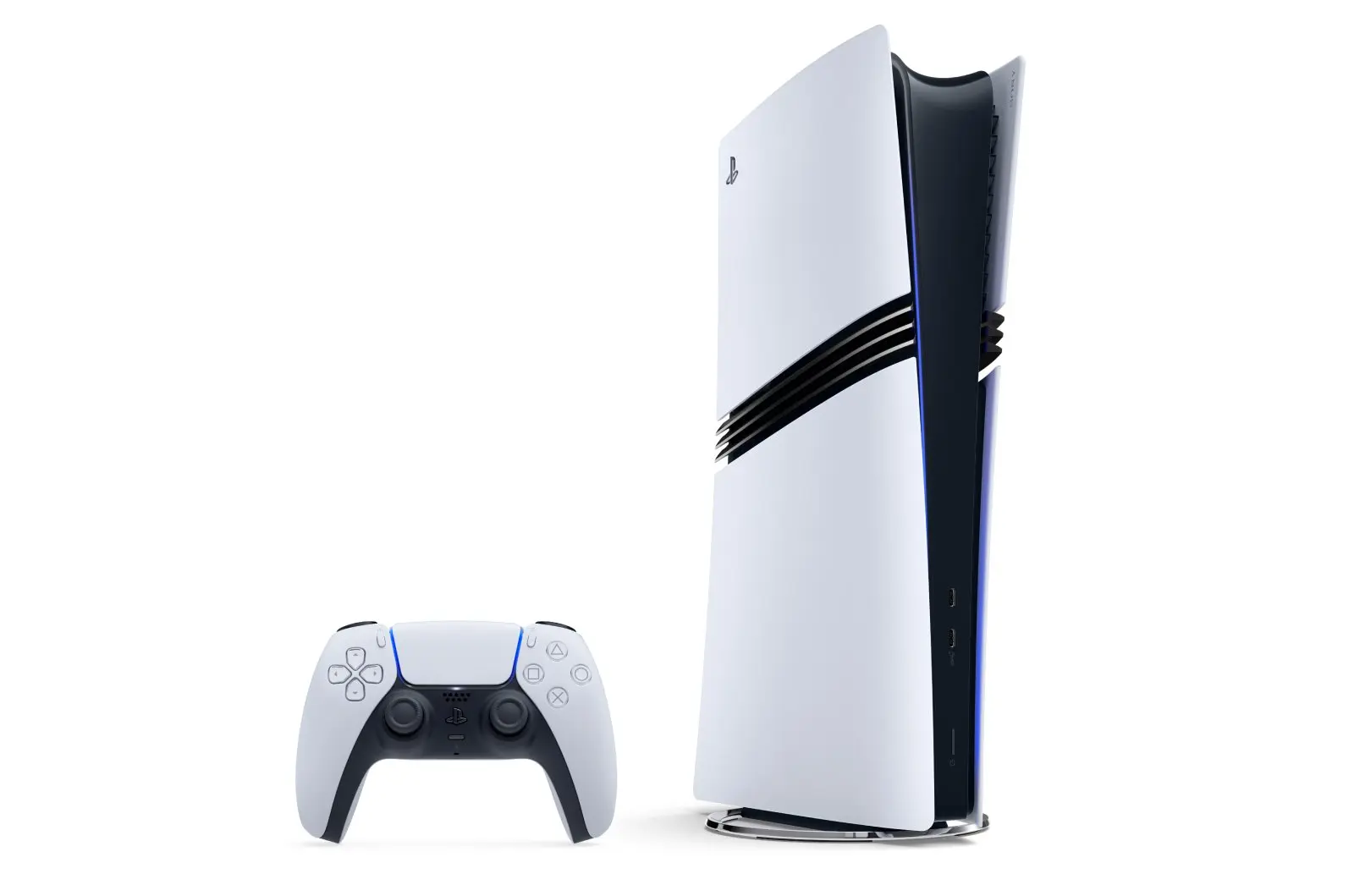 PlayStation 5 Pro console standing beside a DualSense wireless controller