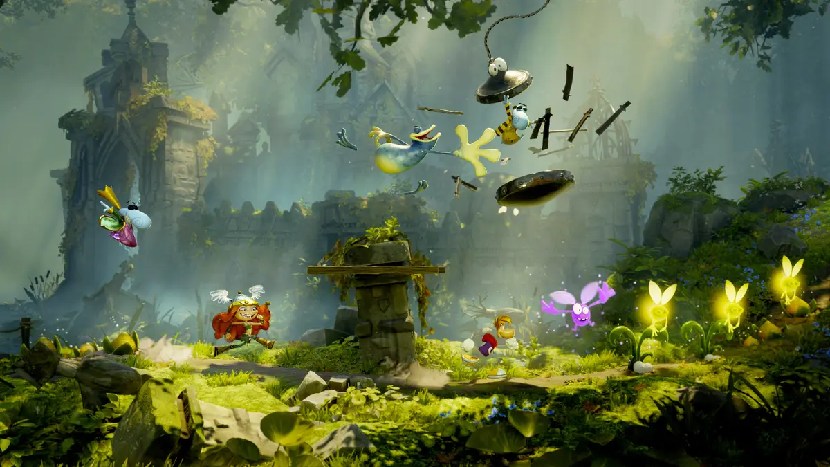 Rayman and friends run through a mossy, sunlit ruin in Rayman Legends Retold