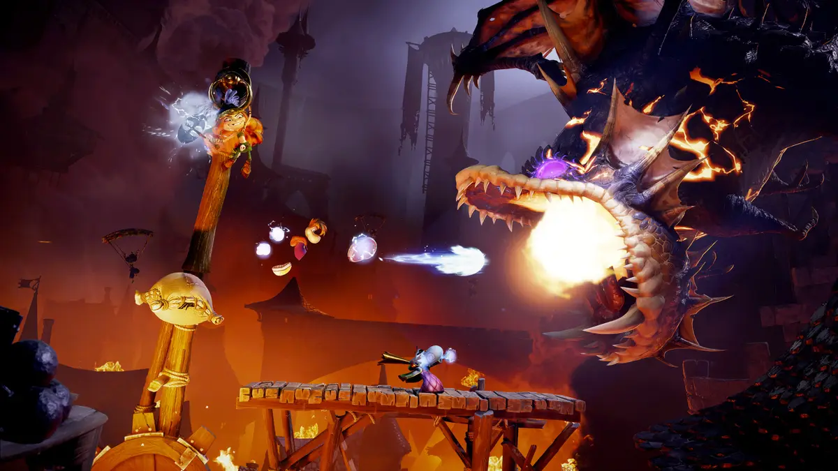 A hero faces a fire-breathing dragon on a wooden platform in Rayman Legends Retold