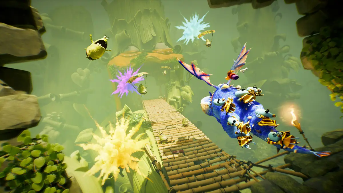 Rayman flies on a blue creature over a rope bridge among colourful bursts in Rayman Legends Retold
