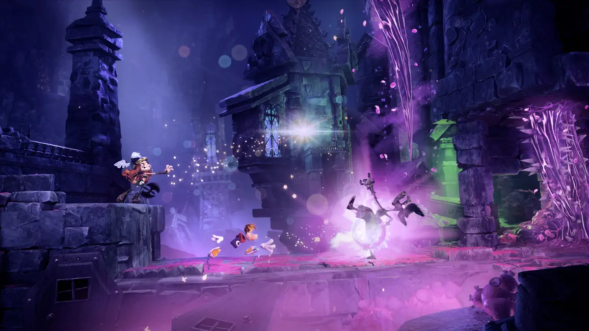 Rayman runs through a dark purple gothic castle level in Rayman Legends Retold