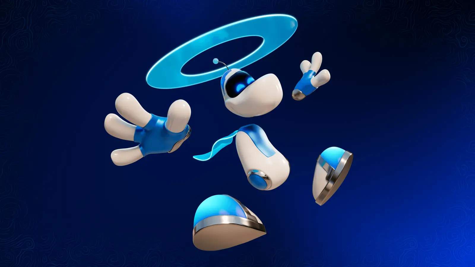 Astro Bot costume pieces floating in the style of Rayman, with a blue halo ring, gloves, scarf and shoes
