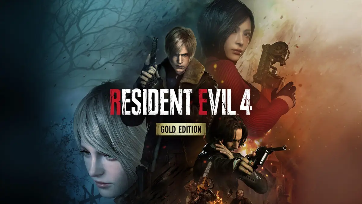 Resident Evil 4 Gold Edition key art with Leon, Ashley and Ada