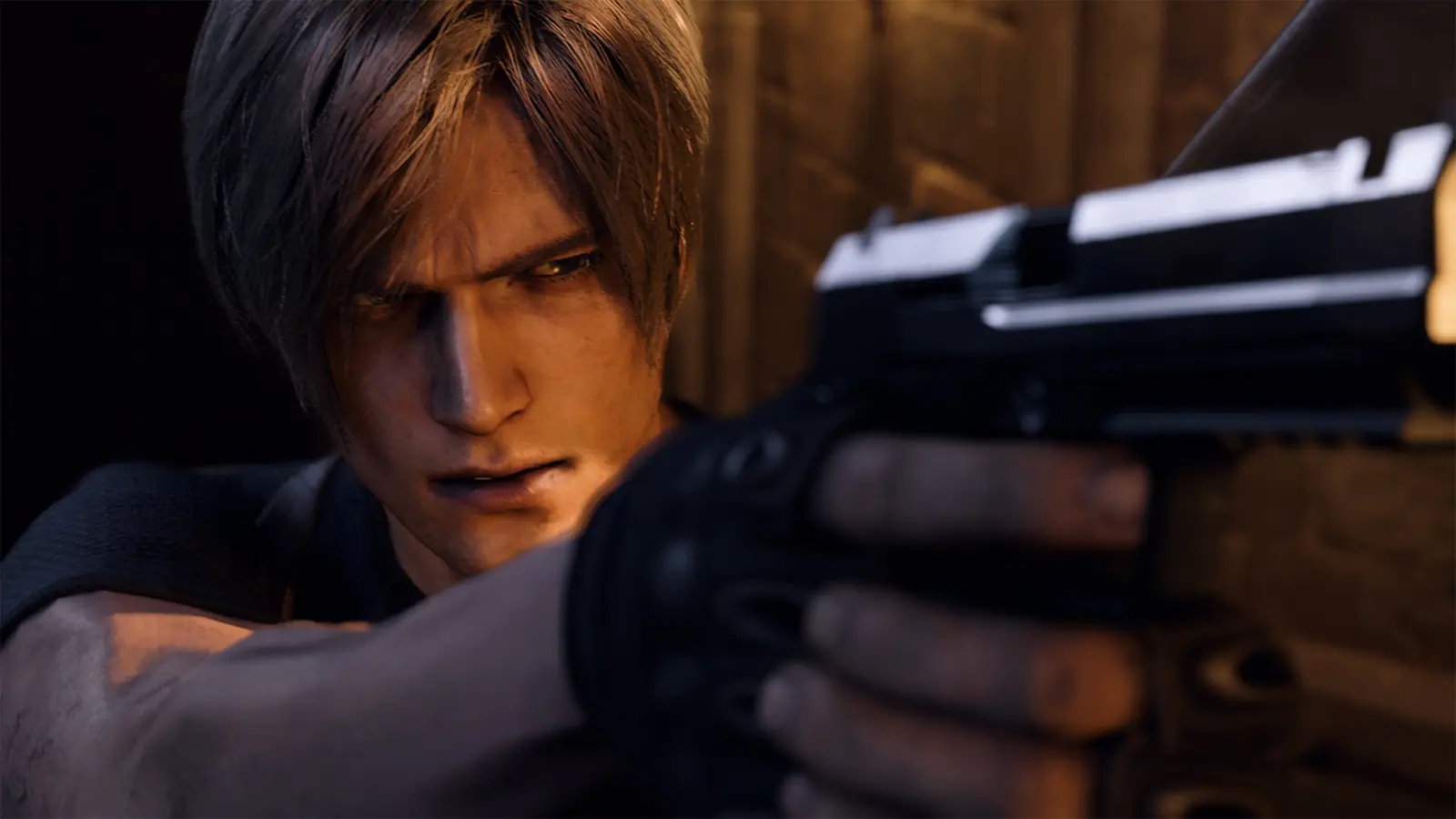 Leon S. Kennedy aiming a handgun in Resident Evil 4 on Nintendo Switch 2