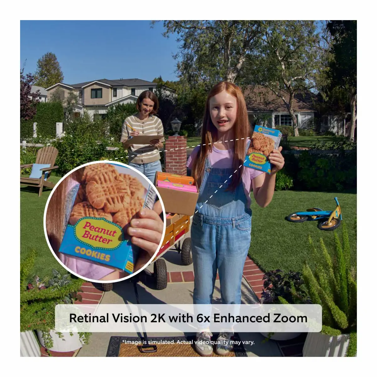 Simulated 2K view with 6x Enhanced Zoom of a girl holding a box at the door