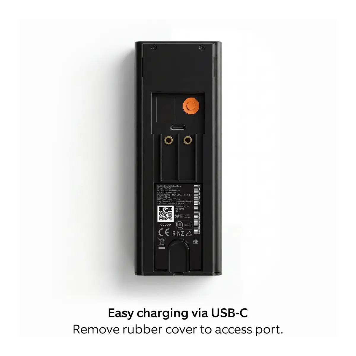 Back of the Ring doorbell showing the USB-C charging port under a rubber cover
