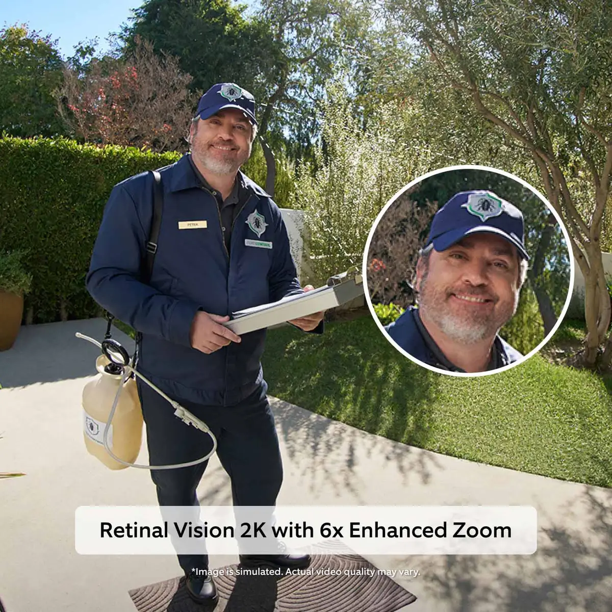 Doorbell camera view of a delivery worker with 4x zoom