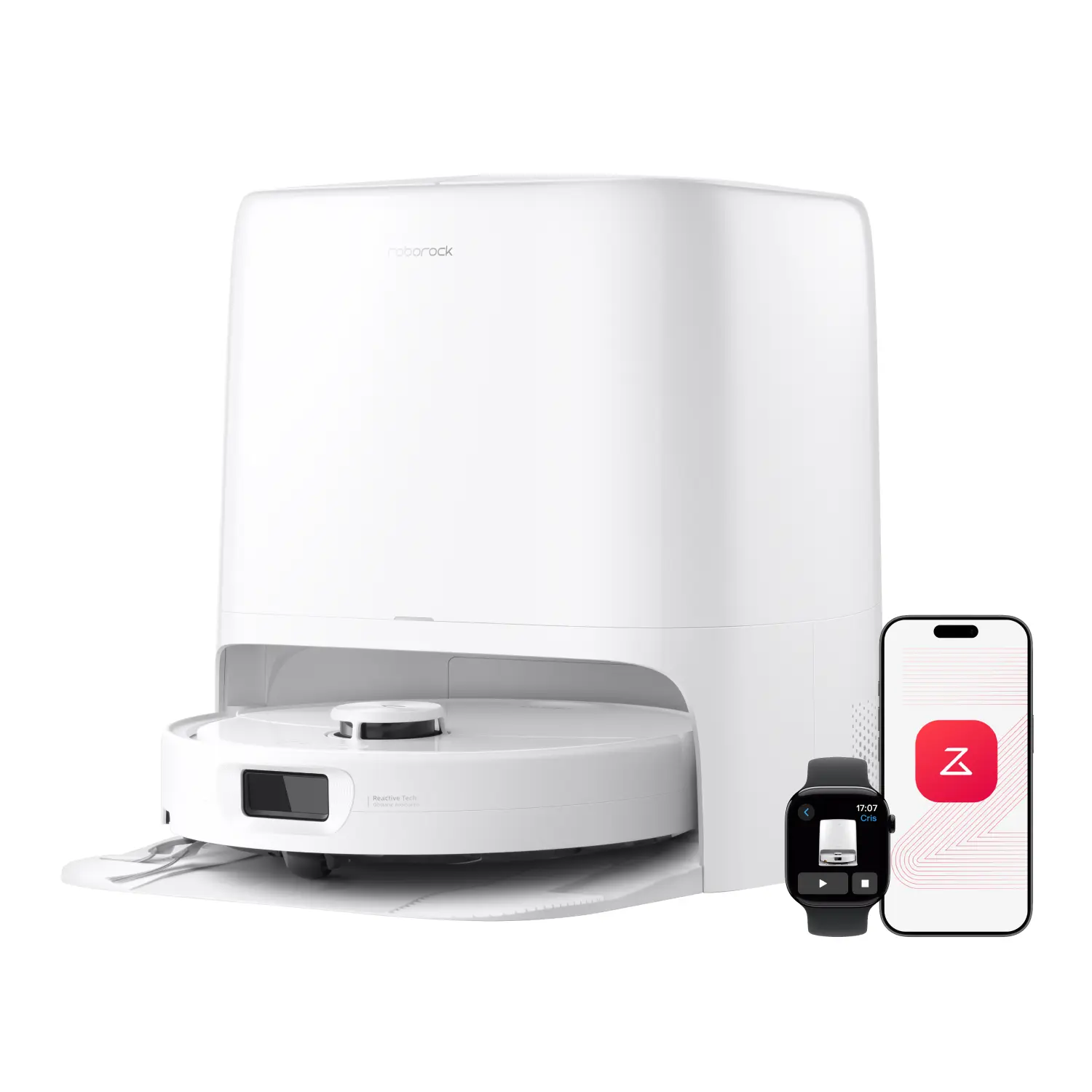 放在白色自清洁基站上的 Roborock Qrevo 2 Pro 扫地机器人