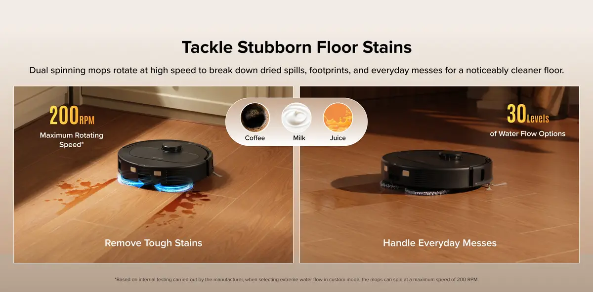 Dual spinning mops working on stains on a wood floor