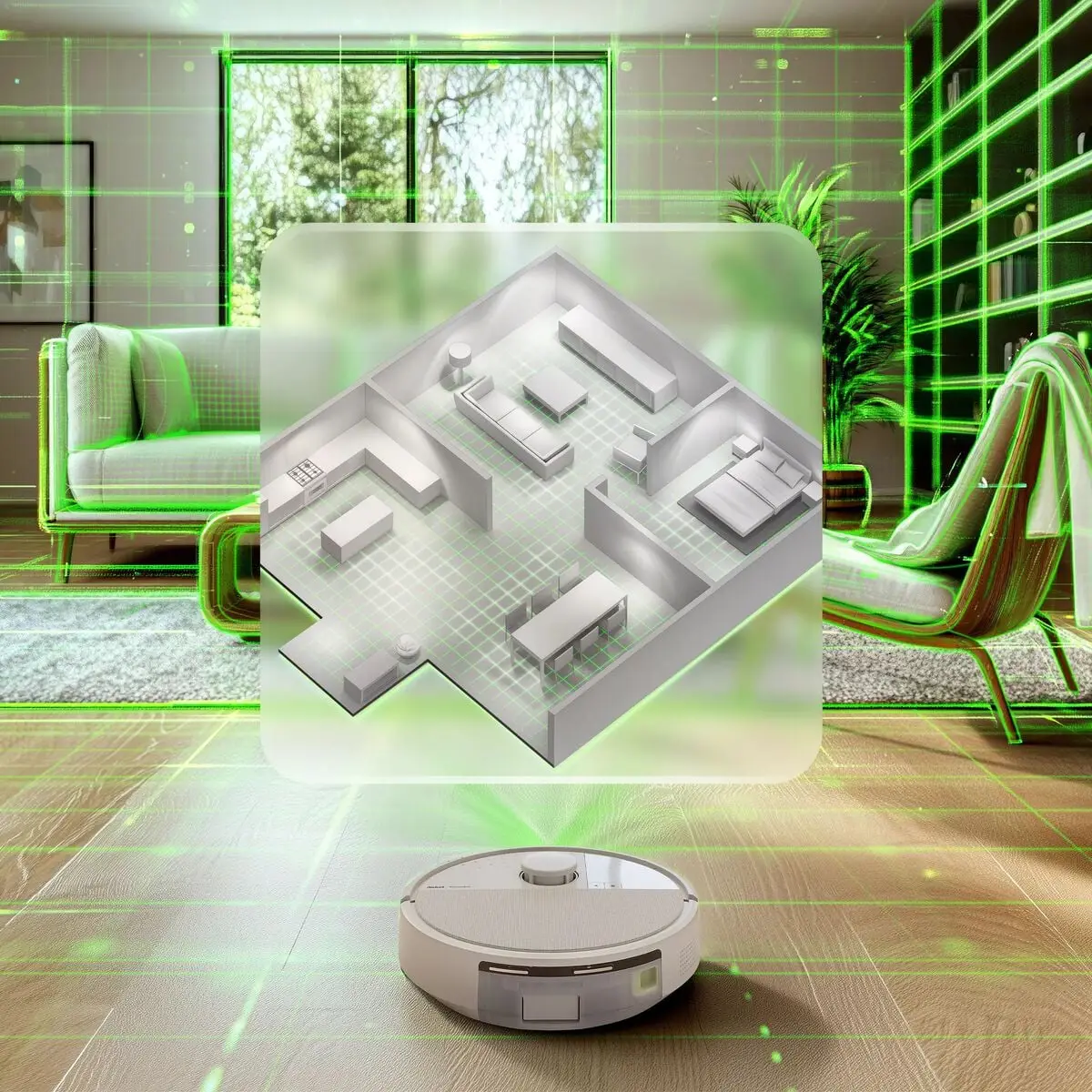 Robot Roomba dans un salon avec le plan de la maison affiché au-dessus