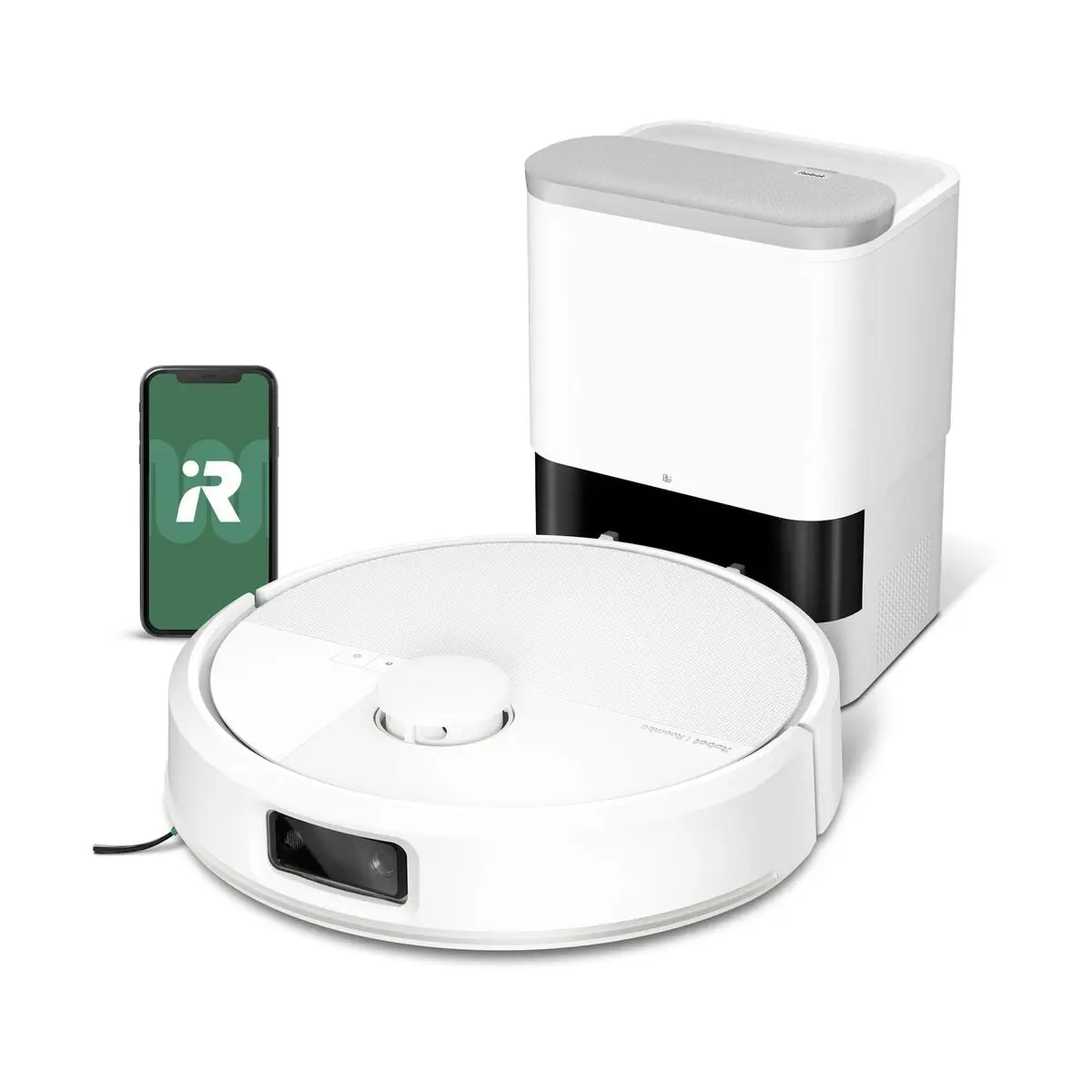 Robot aspirateur Roomba Max 715 Vac près de sa base AutoEmpty et d'un téléphone avec l'application