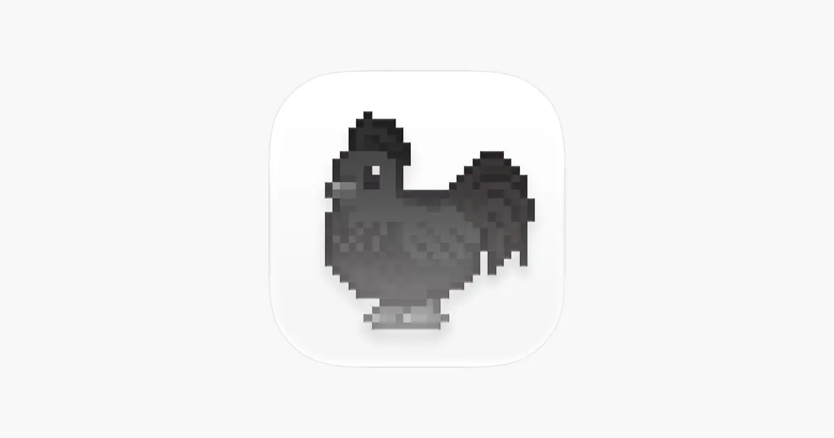 Rooster 應用程式圖示,白色方塊上有一隻像素風格的黑色母雞