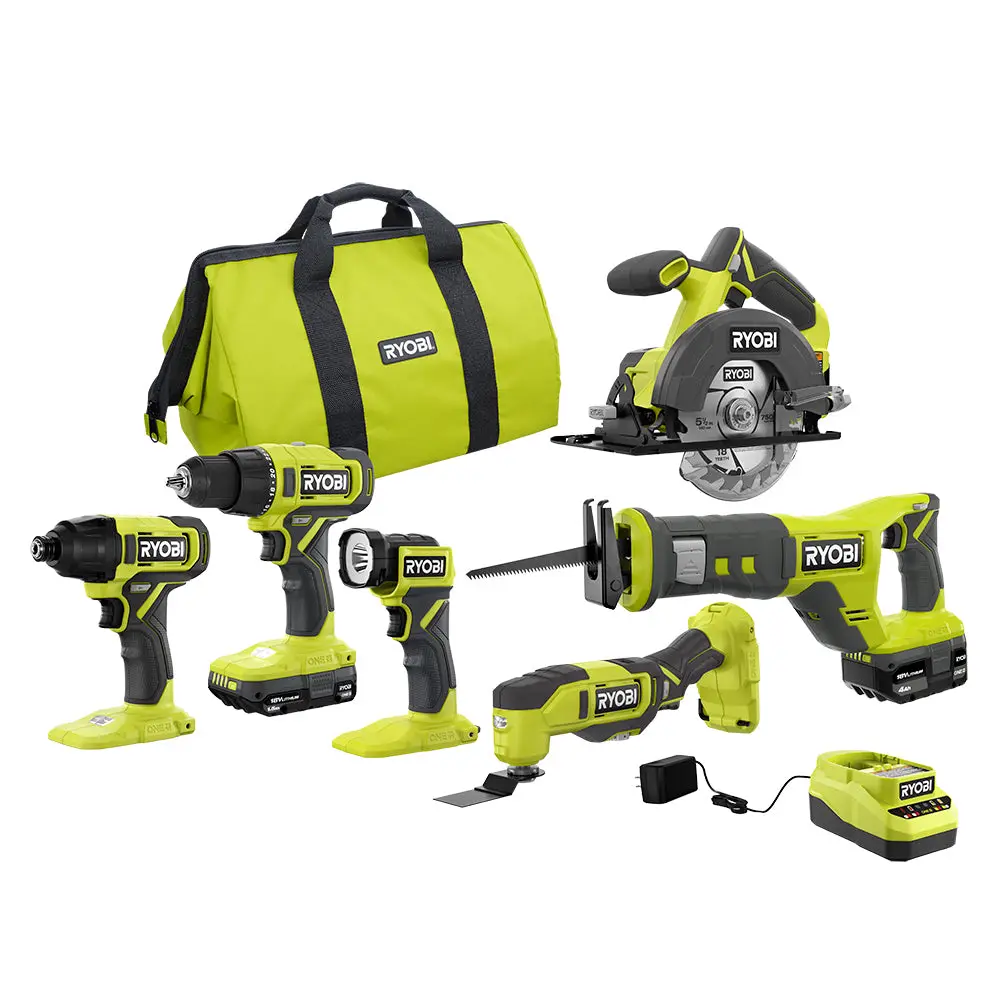 All six tools, two batteries, the charger and the bag from the Ryobi PCL1600K2 kit