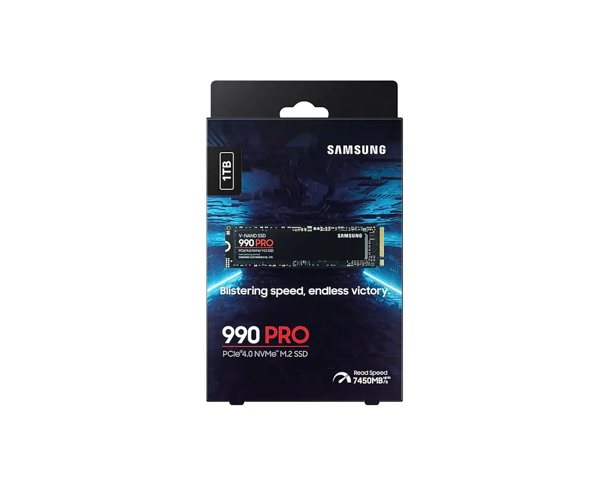 Retail box of the Samsung 990 PRO 1TB SSD showing the 7450 MB/s badge
