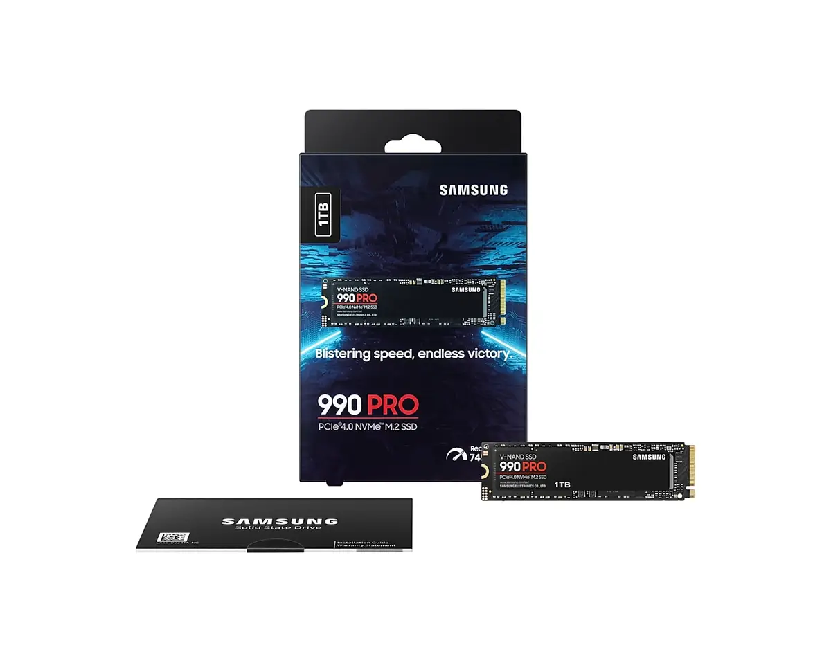 Samsung 990 PRO SSD box with the drive and a protective sleeve in front
